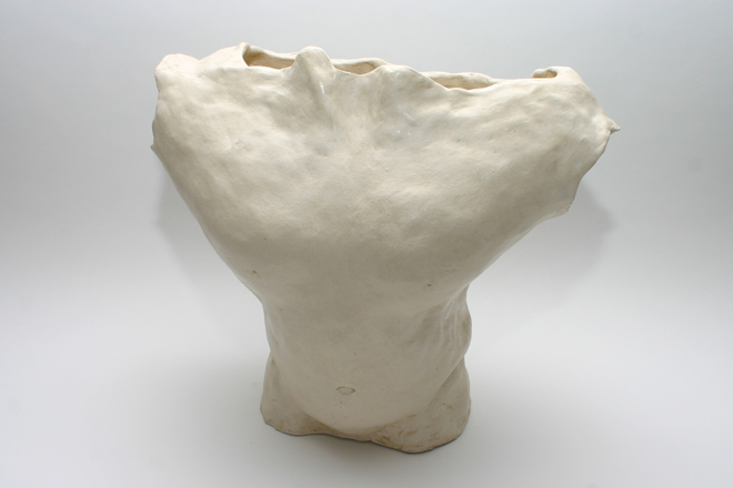 <span style="font-size:14px">MALE TORSO</span><br>S. Westfield<br><br>white stoneware with waxed exterior and clear glazed interior<br><br>approximately 12" tall, 13" wide