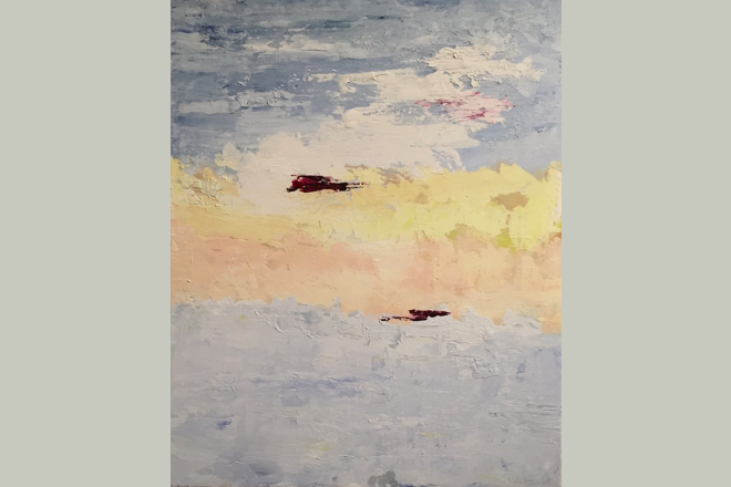 <span style="font-size:14px">Untitled Sky 1</span><br>S. Westfield<br><br>mixed media on canvas<br><br>approximately 32" tall, 24" wide